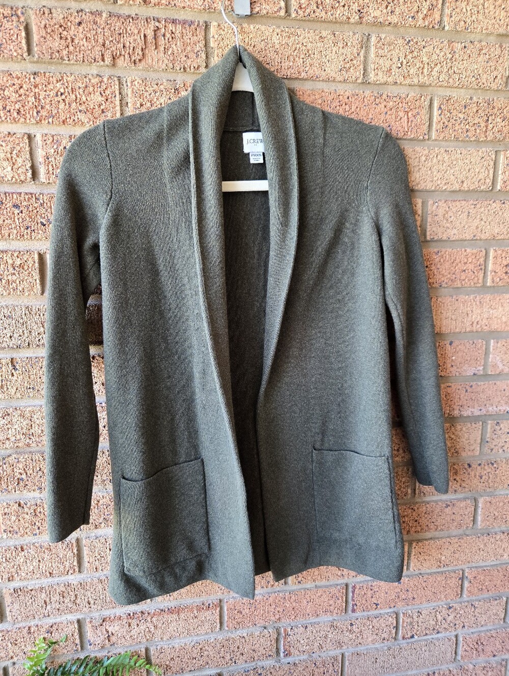 J.Crew Olive Green Shawl Collar Open Front Cotton Cardigan Sweater - Size PXXS